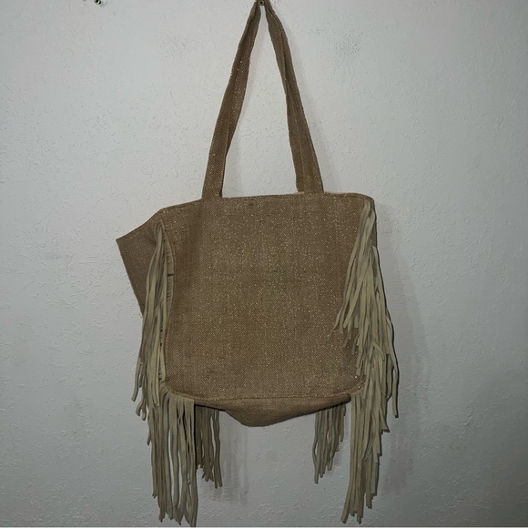 Muche et Muchette Handbags - Muche et Muchette Tan/Gold Jute Suede
Fringe Accented Tote